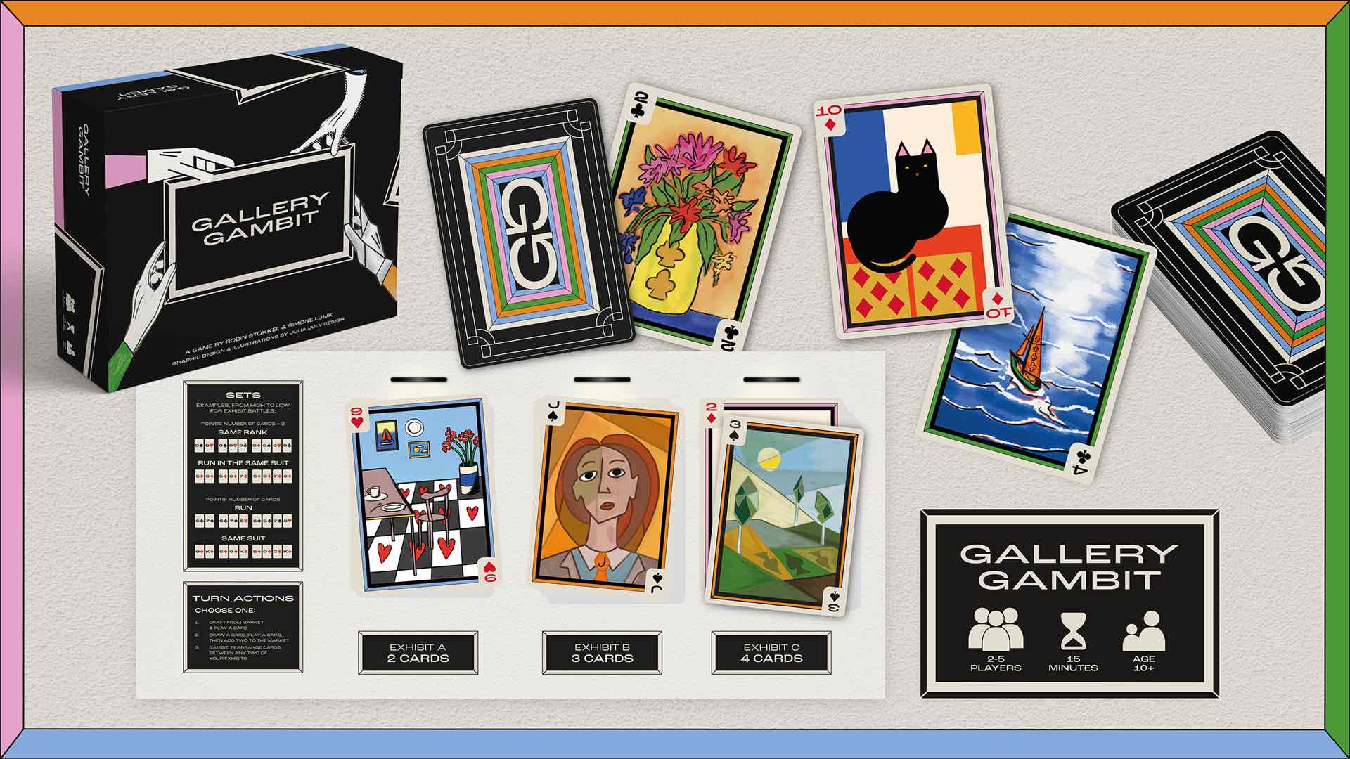 Gallery Gambit box, cards from all four art movements, the sets explainer and the game's spec card laid out on a table